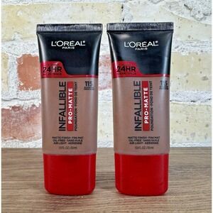 L'Oreal Infallible Pro-Matte Foundation 115 Rich Ebony 1oz Oil-Free 24HR Lot 2